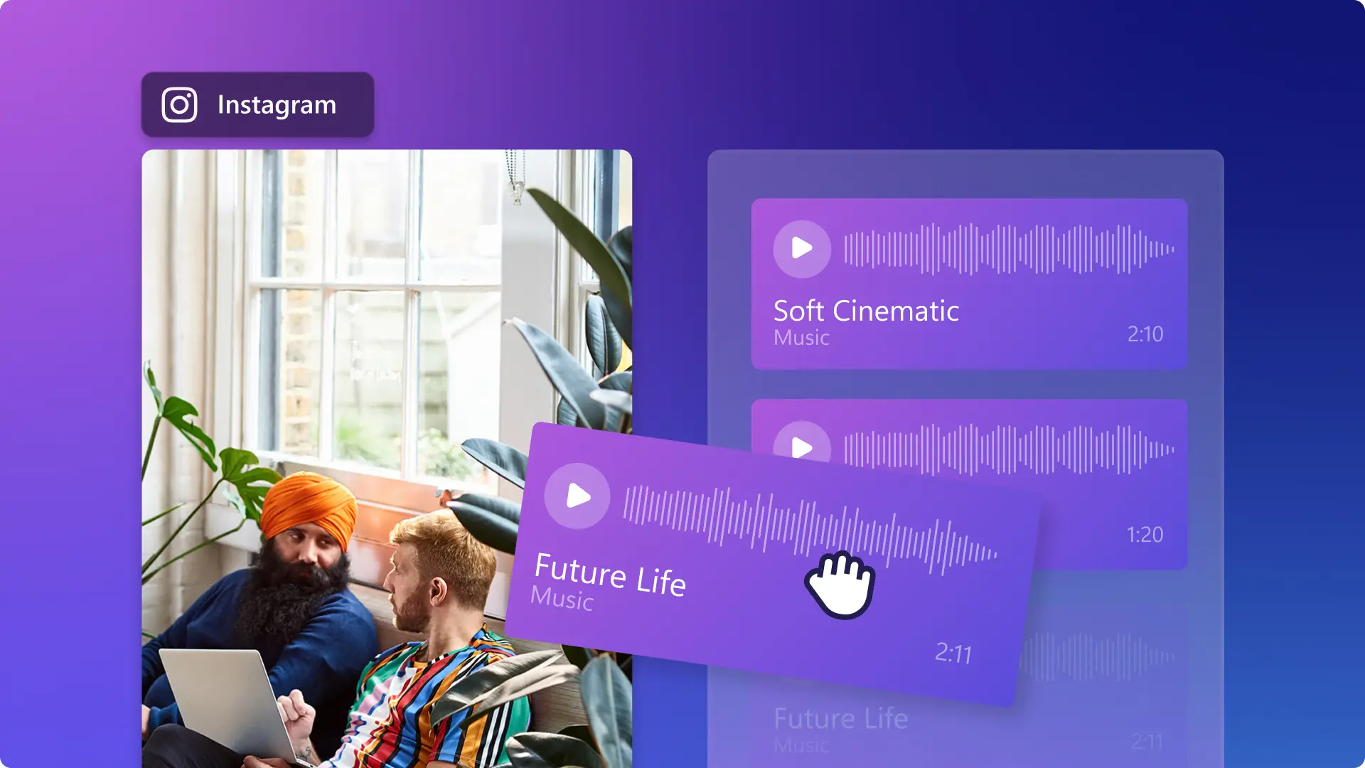 A user adding music to an Instagram video in Clipchamp.