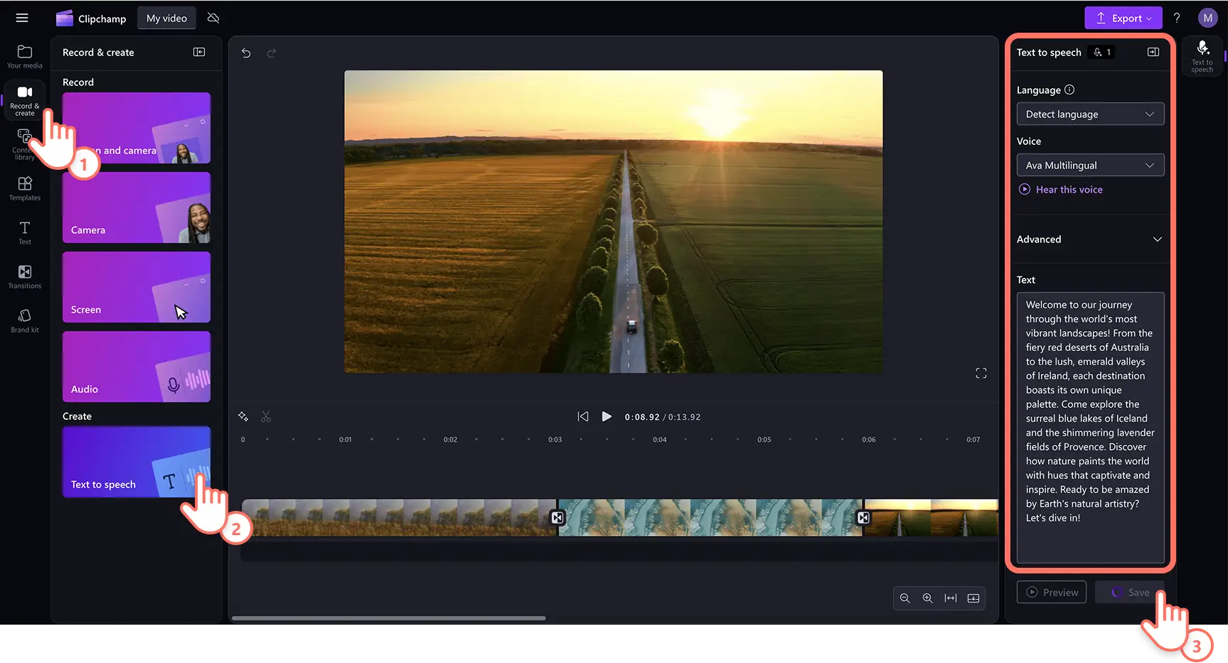Người dùng tạo giọng lồng tiếng AI trong Clipchamp