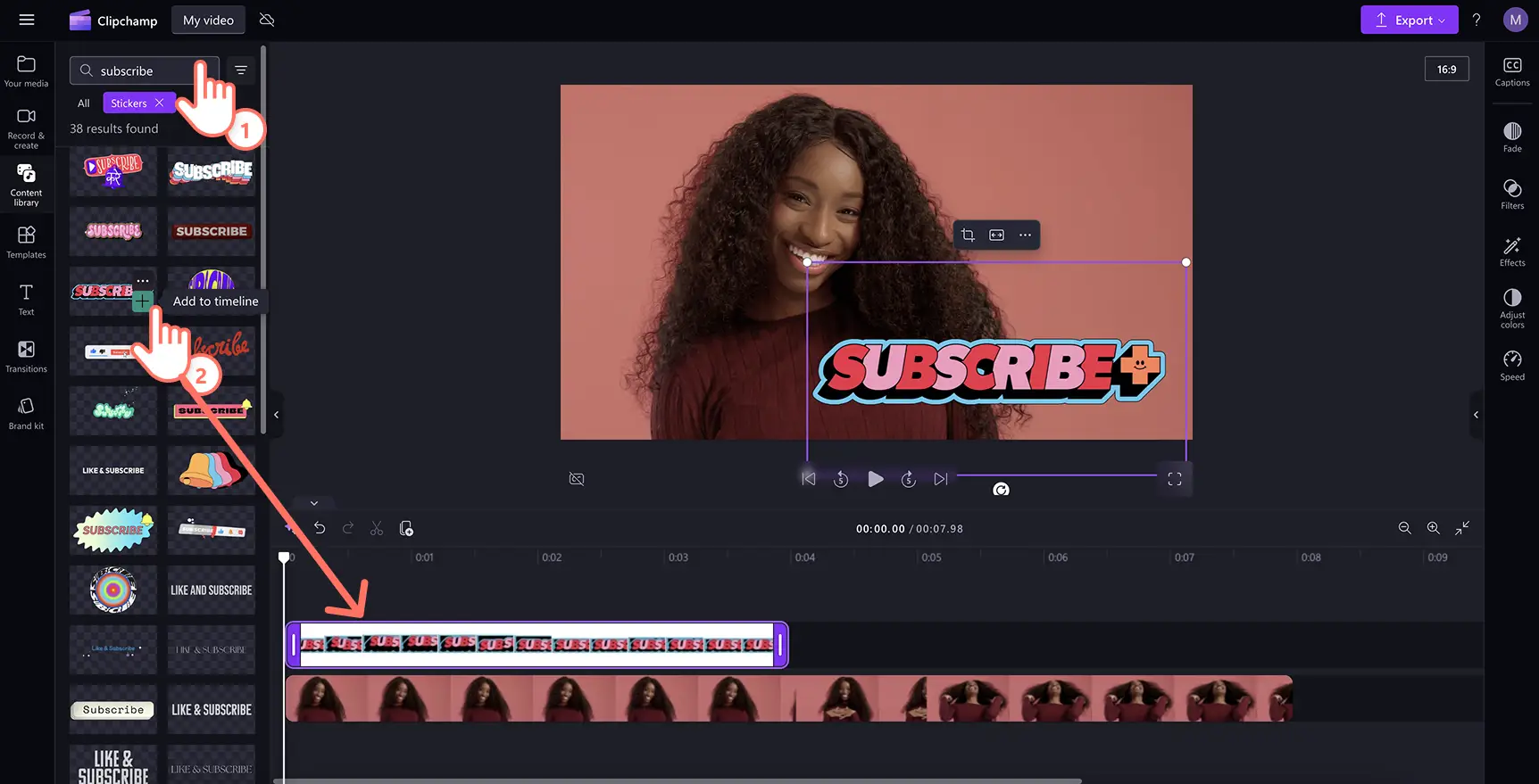 Ein Benutzer fügt einen Text-Sticker auf der Zeitachse in Clipchamp hinzu