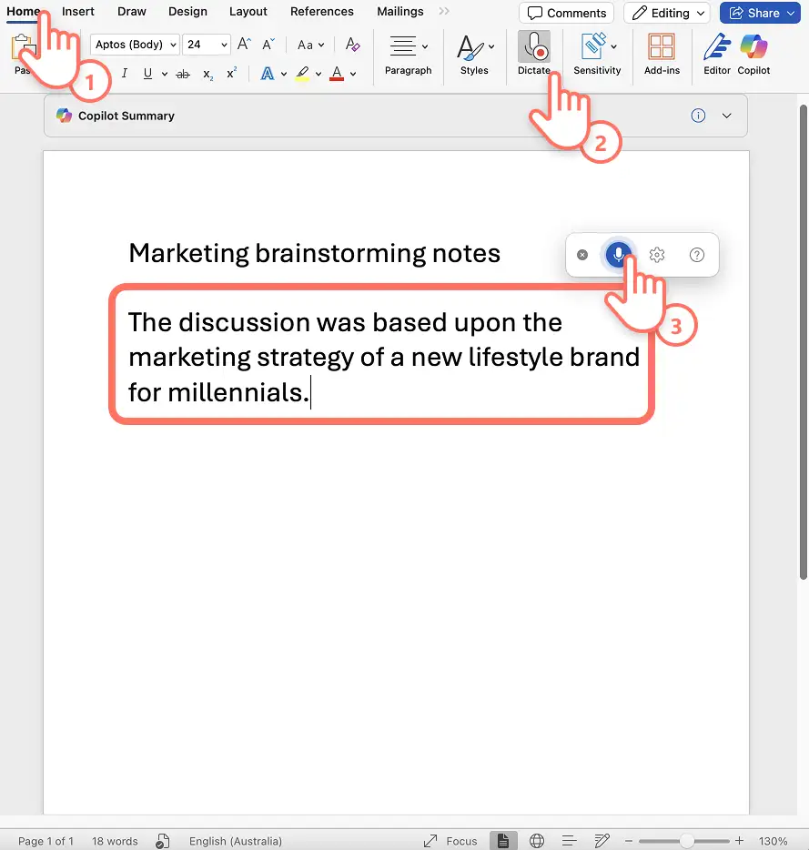 User recording audio in Microsoft Word to create a transcript