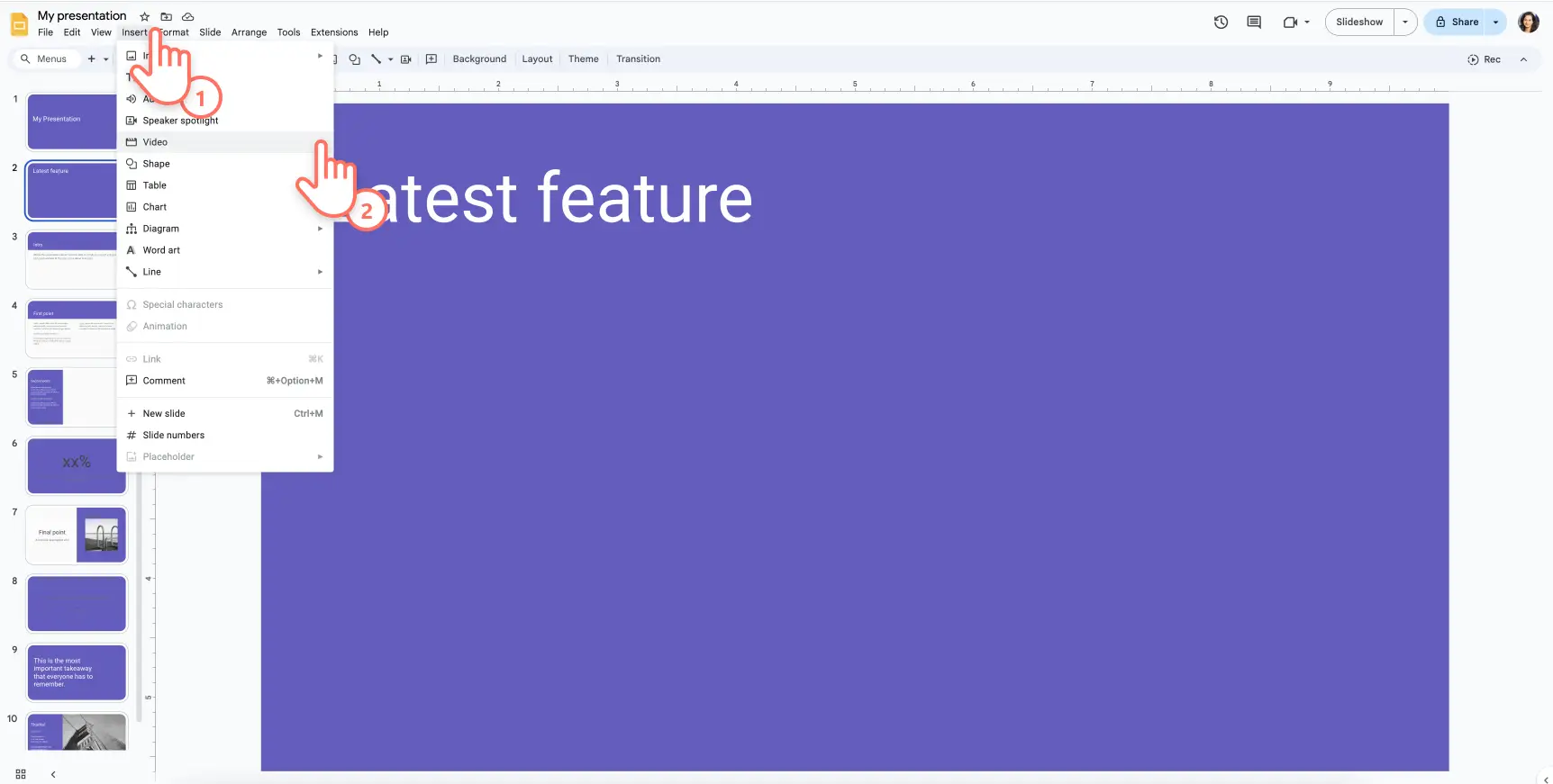 Google Slides video embed options