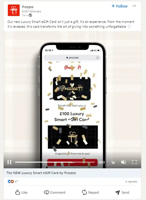 Captură de ecran a unei postări publicitare video pe LinkedIn de la Prezzee.
