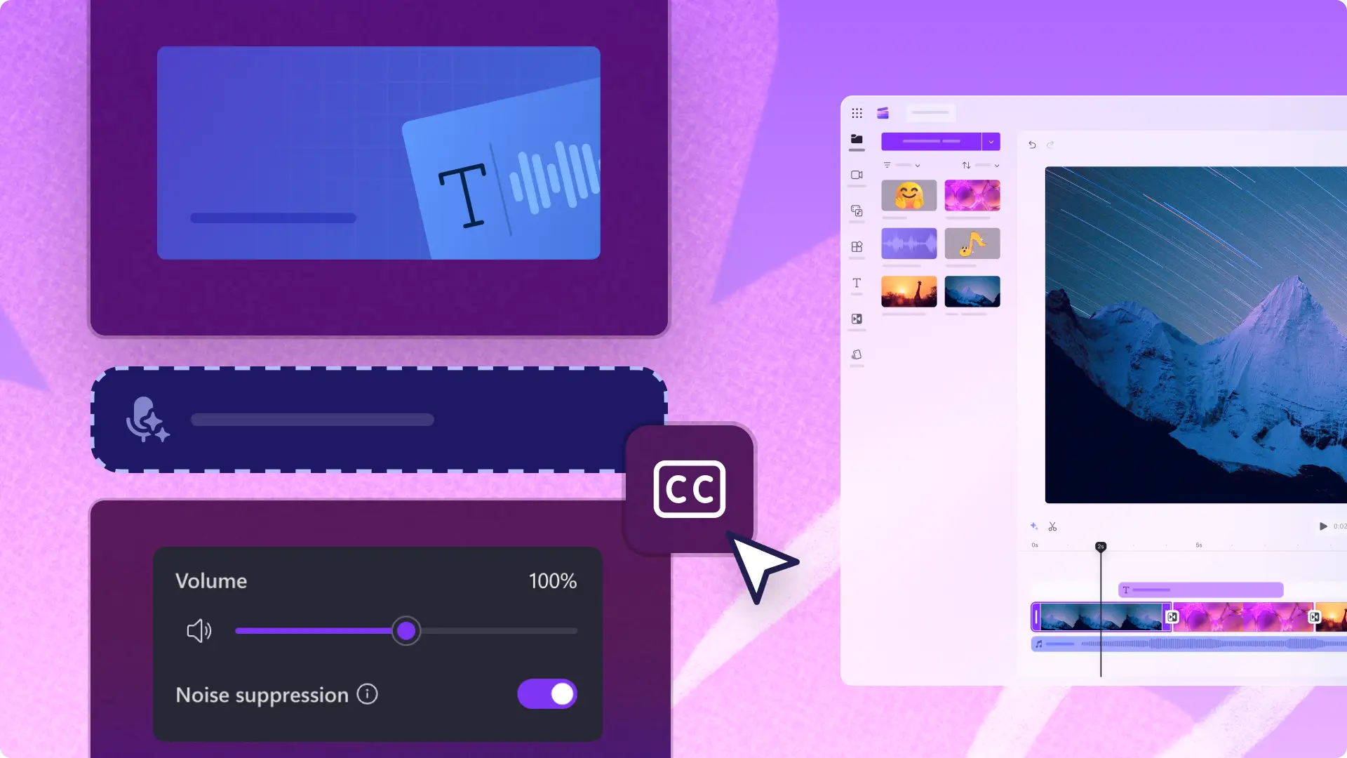 Gambar abstrak yang menampilkan berbagai fitur pengeditan video AI di Clipchamp