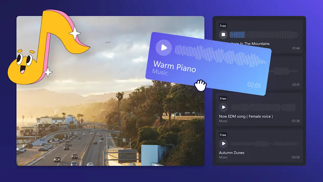 Пайдаланушы тегін музыка жолын Clipchamp бағдарламасындағы өңдеу уақыт шкаласына сүйреп апарады.