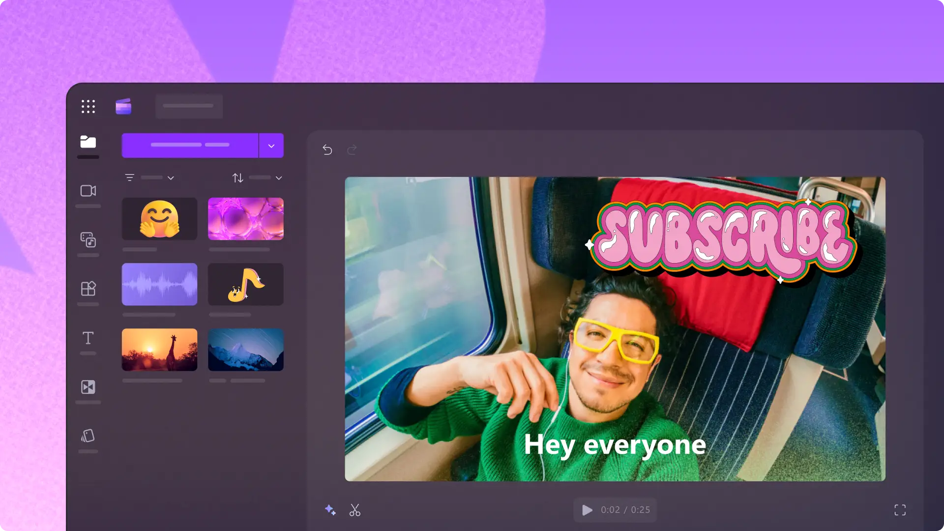 Clipchamp ビデオ エディターで ”Subscribe” というグラフィックが含まれるブイログの YouTube 動画を編集する様子