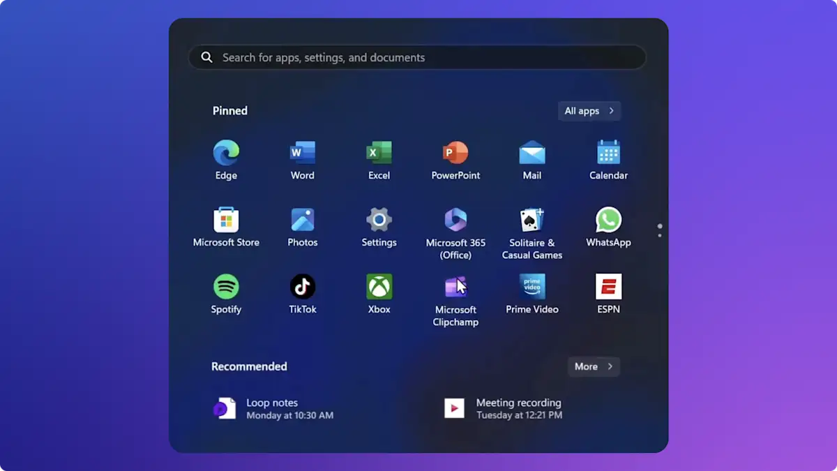 Et bilde av Start-menyen i Windows 11 som viser Clipchamp-logoen