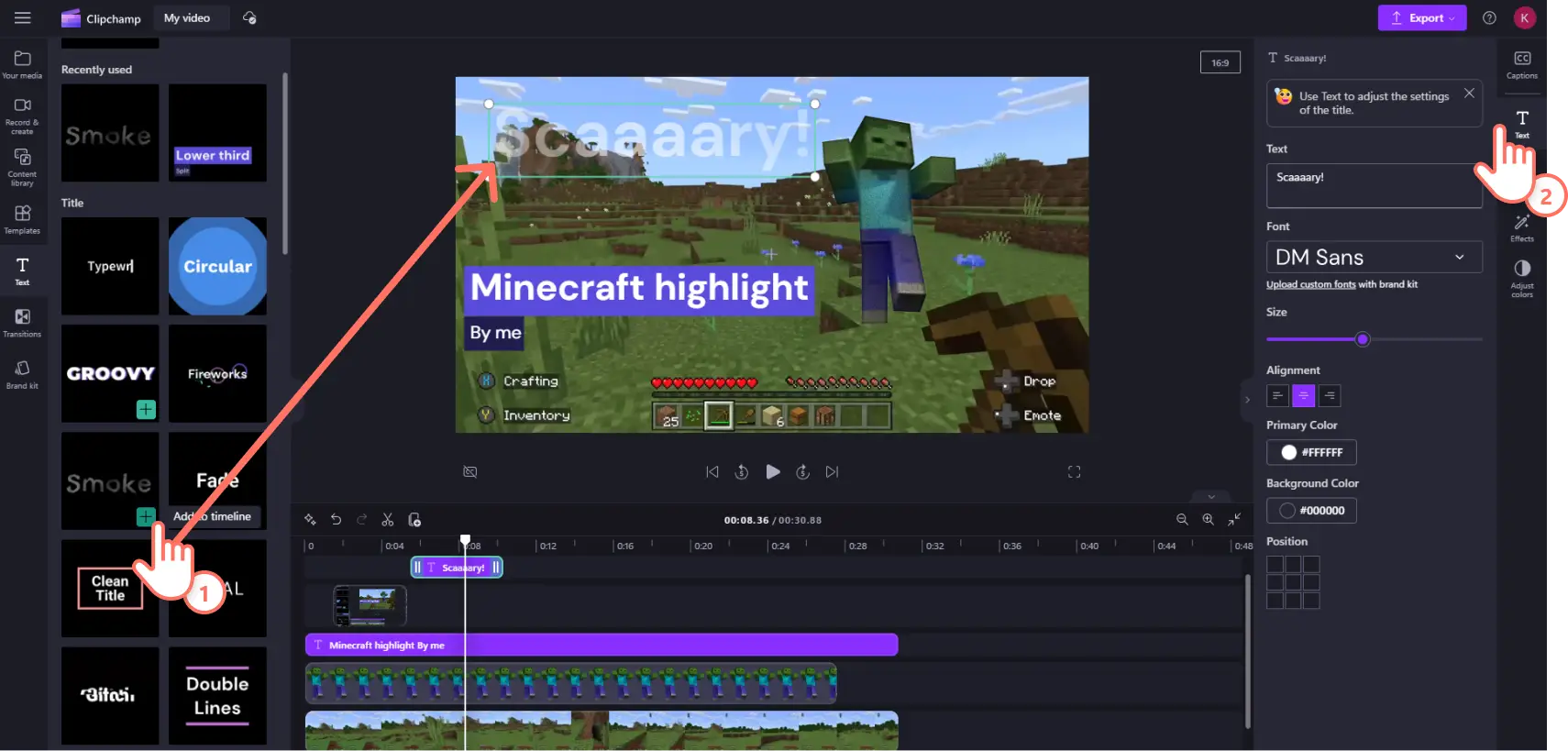 Kuva Clipchamp-käyttäjästä lisäämässä animoitua tekstiä videoonsa.