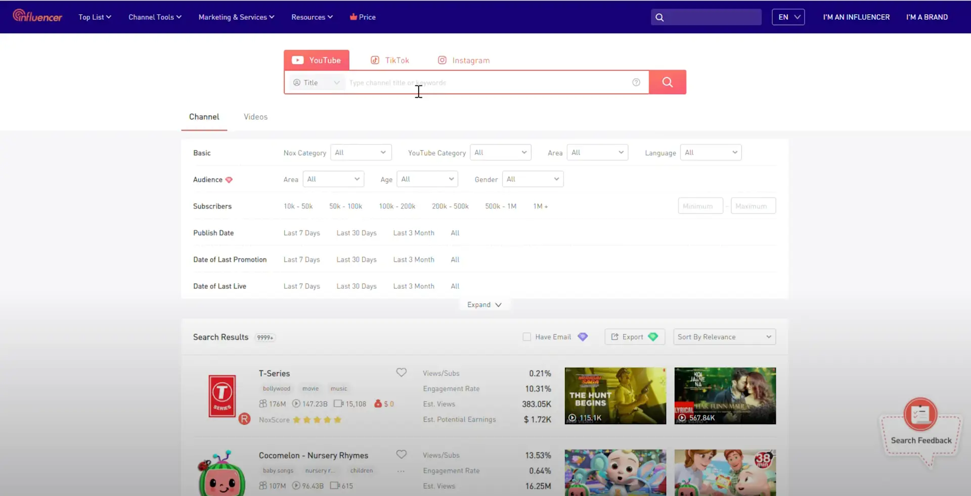 ตัวอย่างแพลตฟอร์ม Noxinfluencer
