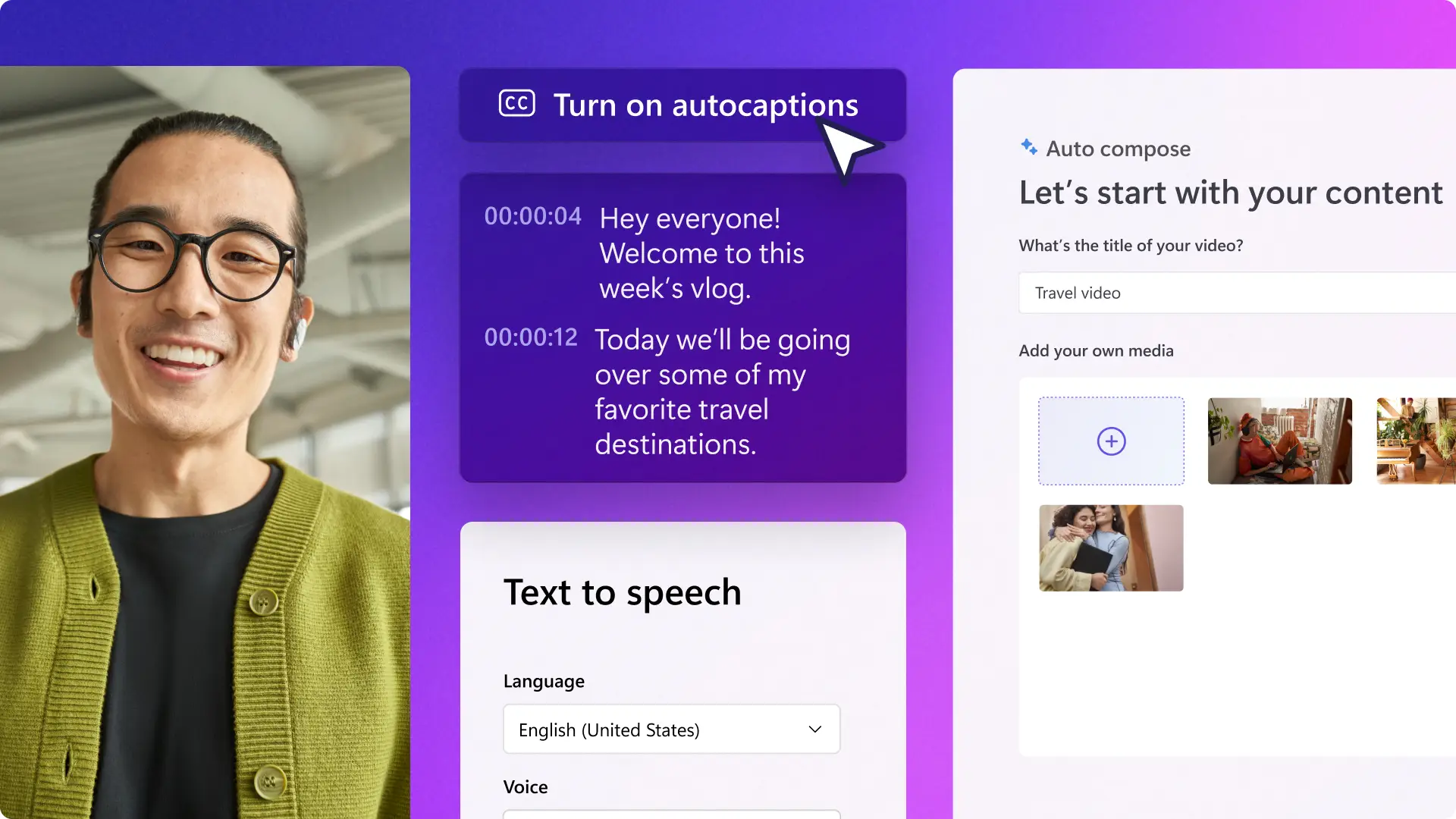 Voorbeeld van het AI-hulpmiddel voor automatische ondertitels toevoegen in Clipchamp
