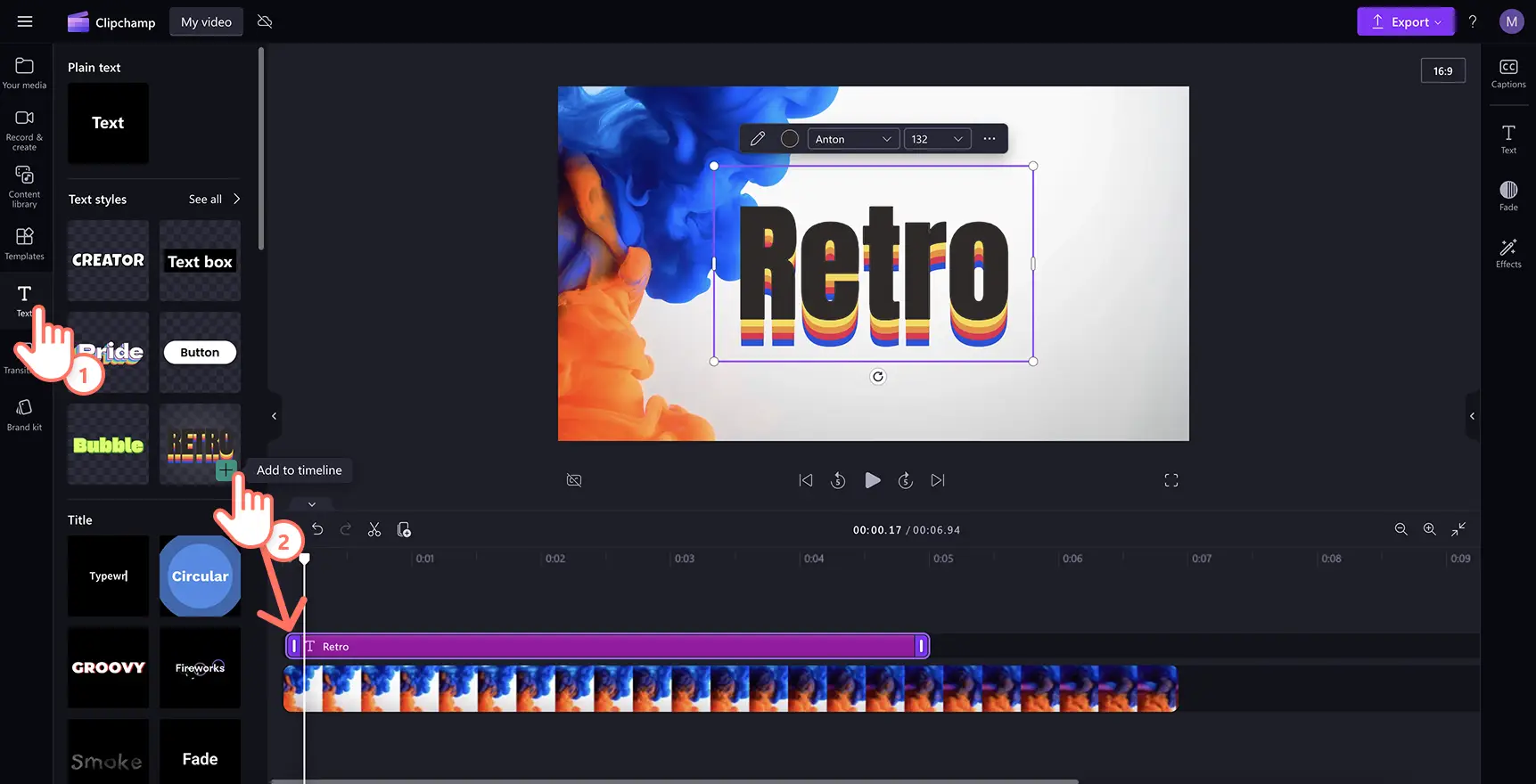 Ein Benutzer wählt einen Titel im Text-Tab in Clipchamp aus.
