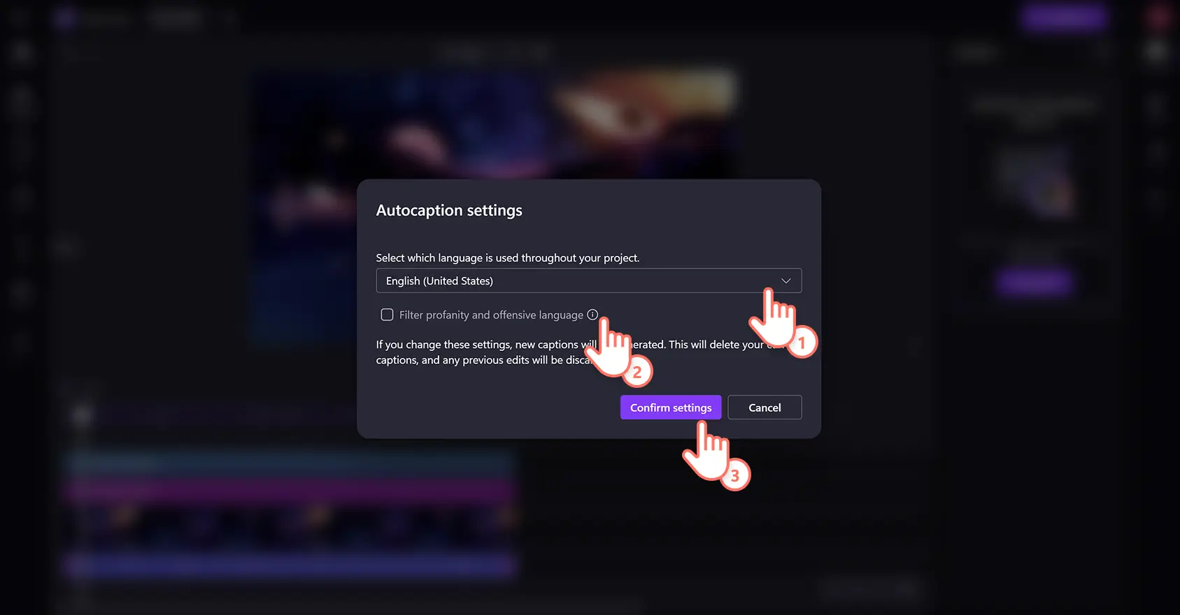 En användare använder inställningar för automatisk undertext på en poddvideo i Clipchamp-videoredigeraren.