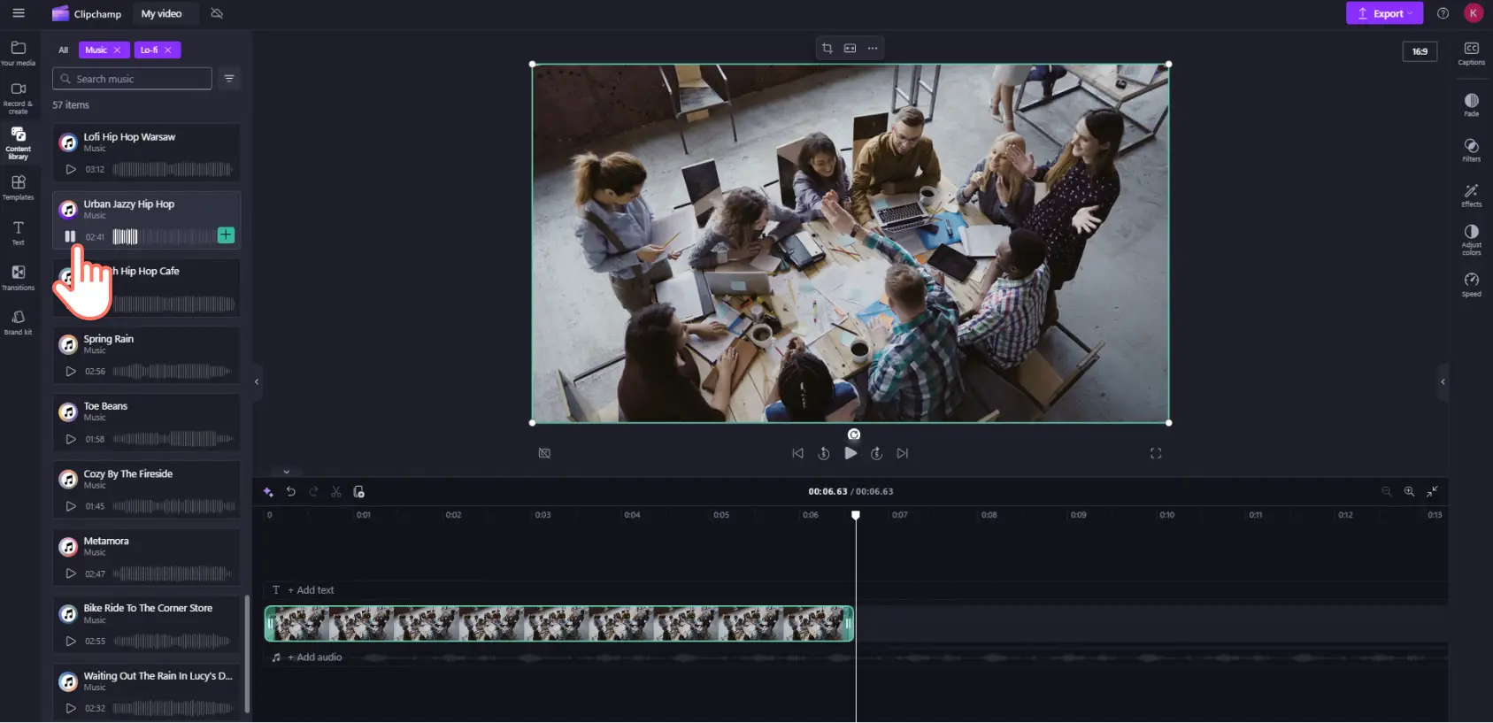 A user previewing a royalty-free song inside the Clipchamp content library.