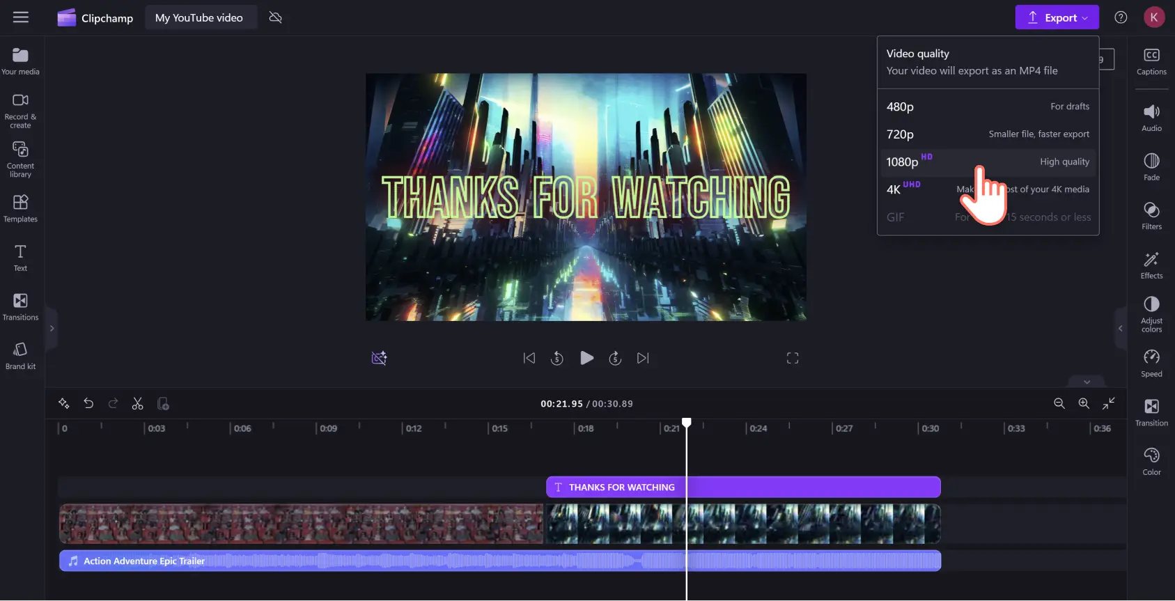 Clipchamp ユーザーが、YouTube 動画をエクスポートする操作の中で 1080p 動画解像度を選択している画像。