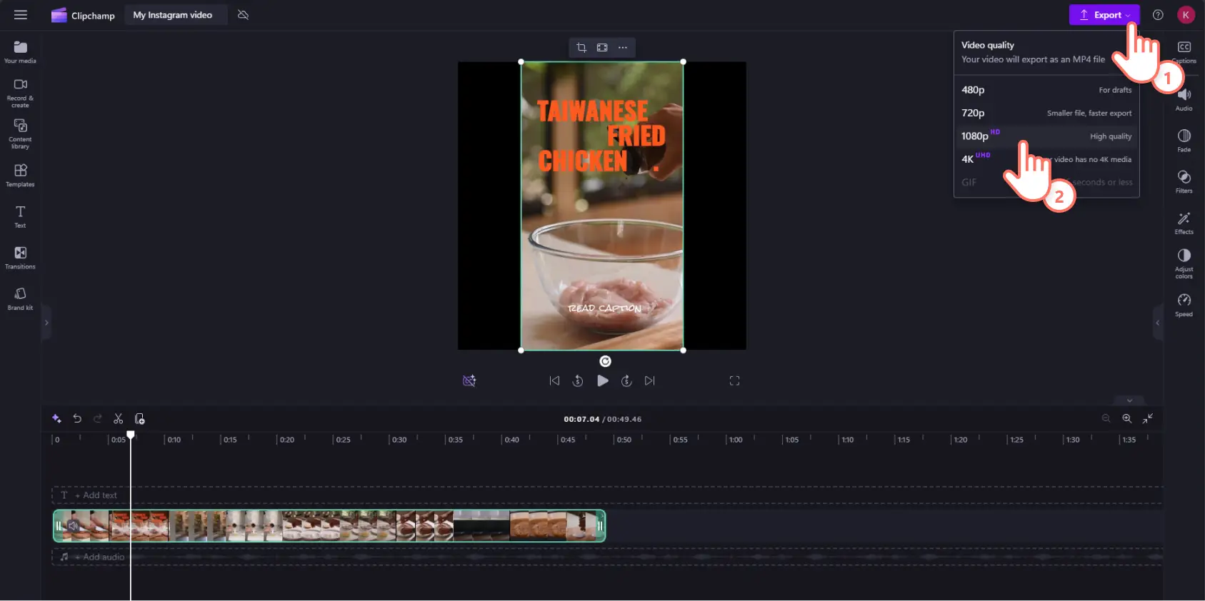Clipchamp пайдаланушысының TikTok бейнесін 1:1 пропорциясымен экспорттап, Instagram лентасына жариялап жатқан суреті.