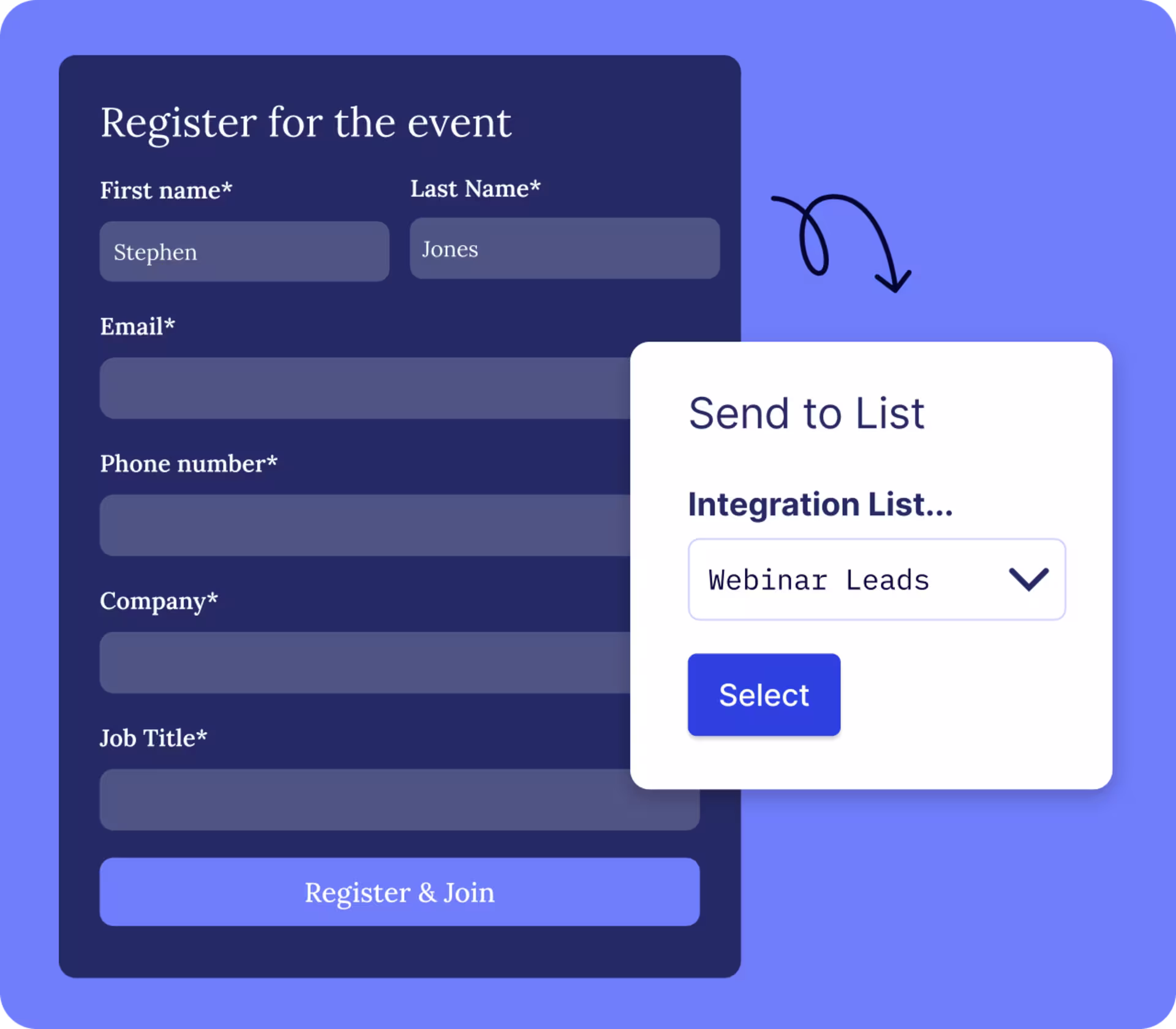 Image of an arrow pointing from a webinar registration form to a list in a marketing automation platform