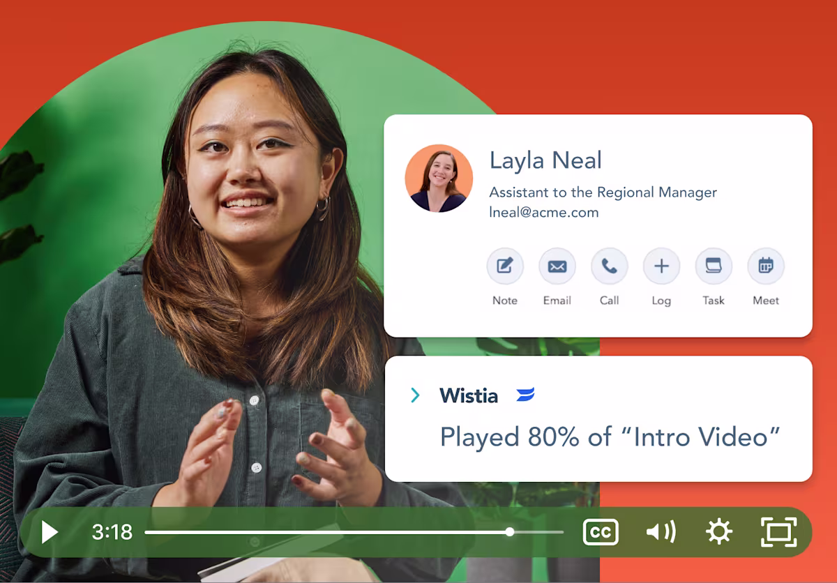Video software UI showing a video player with an overlay of an alert of a percentage a prospect has watched a video and a prospect contact card