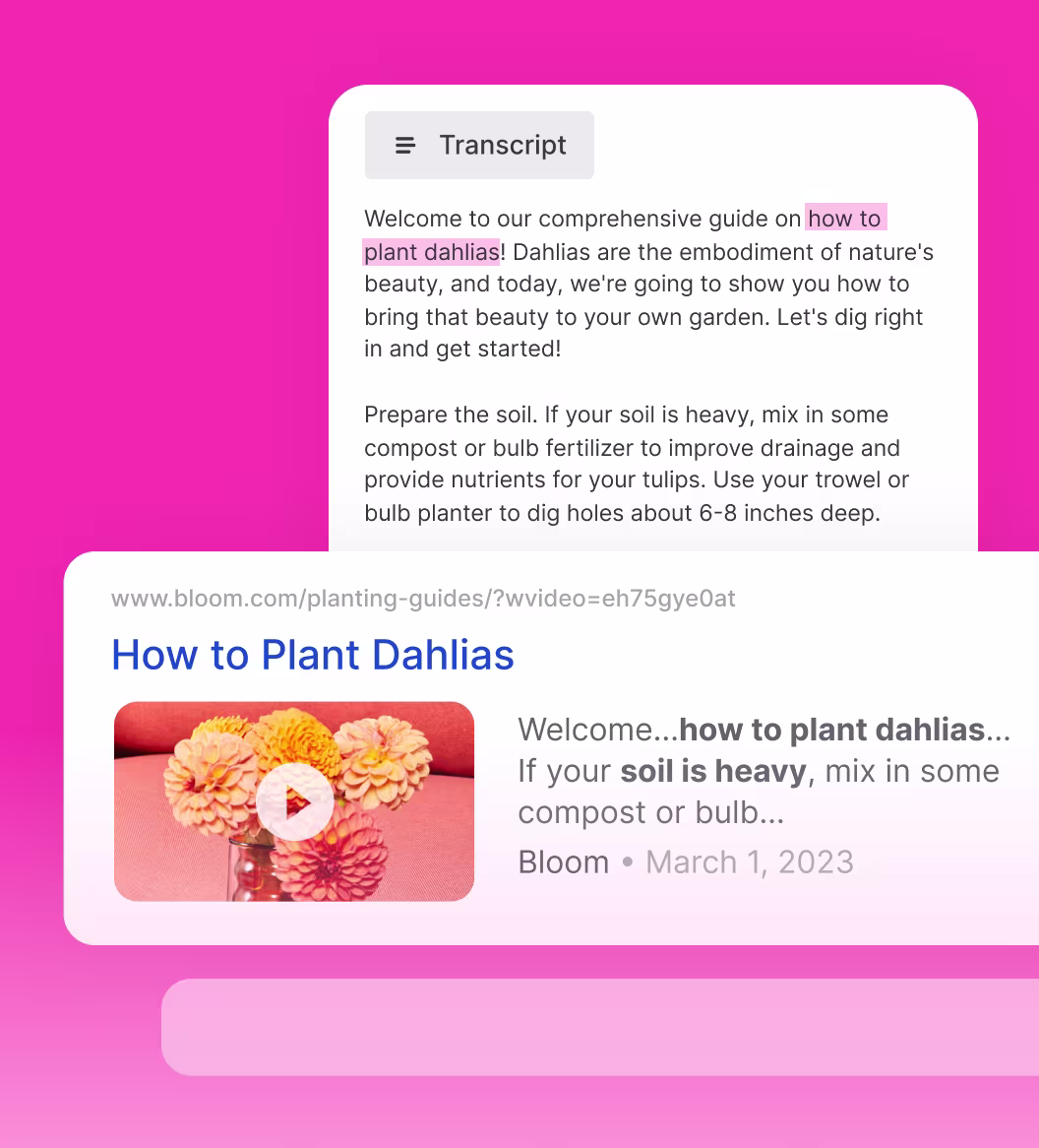 Video search result with highlighted transcript text over video software UI showing a video transcript