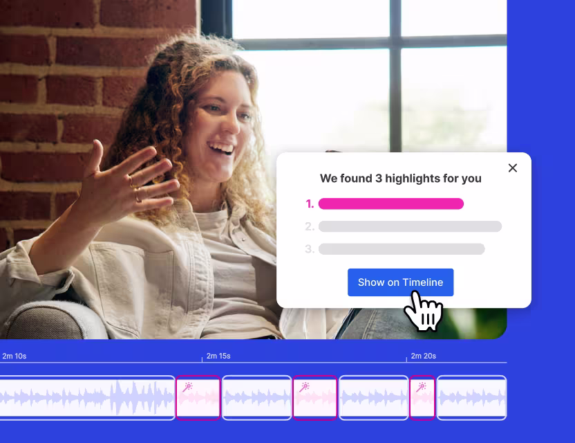 Video software UI showing a video editor with AI highlights