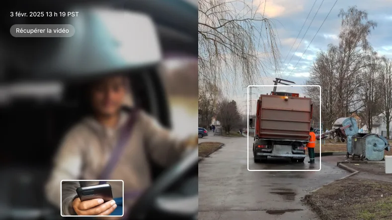 récupérer une vidéo montrant un conducteur utilisant son téléphone tout en travaillant avec le camion de gestion des déchets