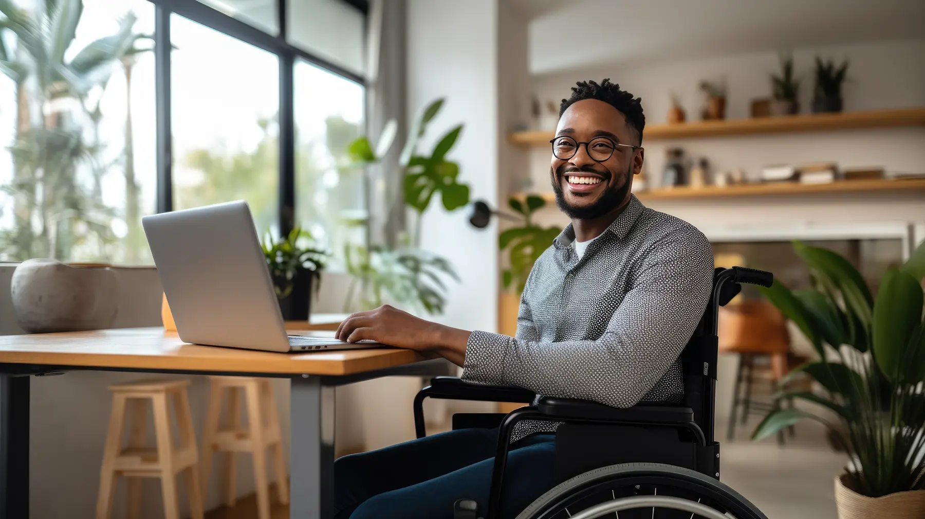 A man in a wheelchair using a laptop at home.