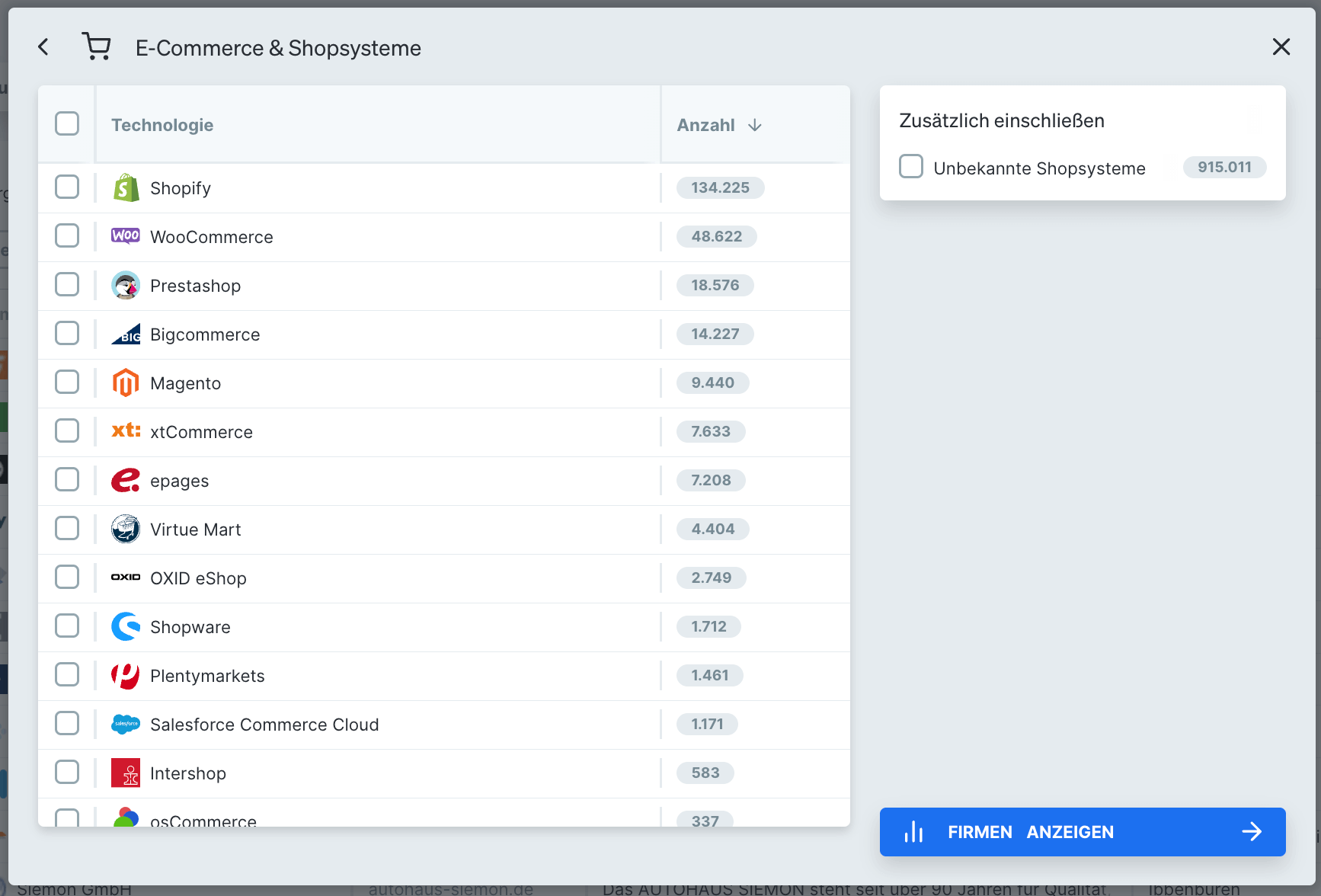 E-Commerce- und Shopsysteme-Filter in Dealfront Target
