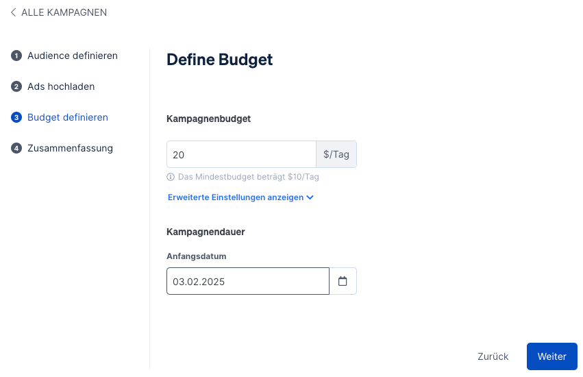 Definiere Dein Ad Budget in Promote