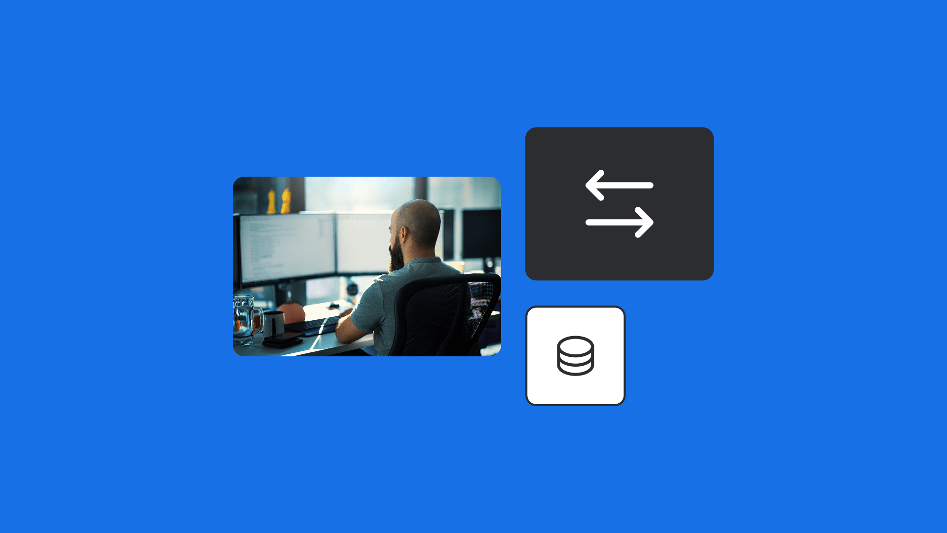 Professional working at desk with multiple monitors, viewed from behind, with database and sync icons overlaid on bright blue background