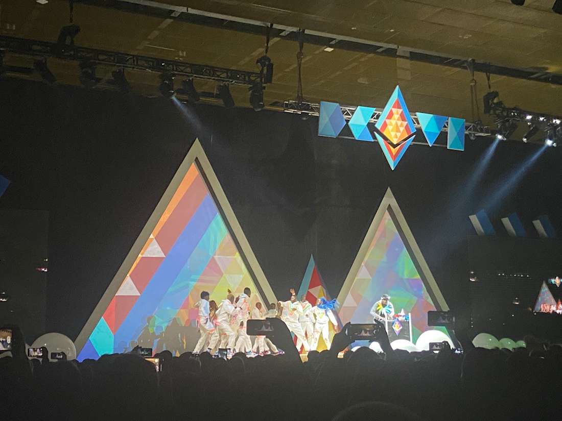 A local Colombian dance group performing on the main stage at the opening ceremonies of Devcon VI. 