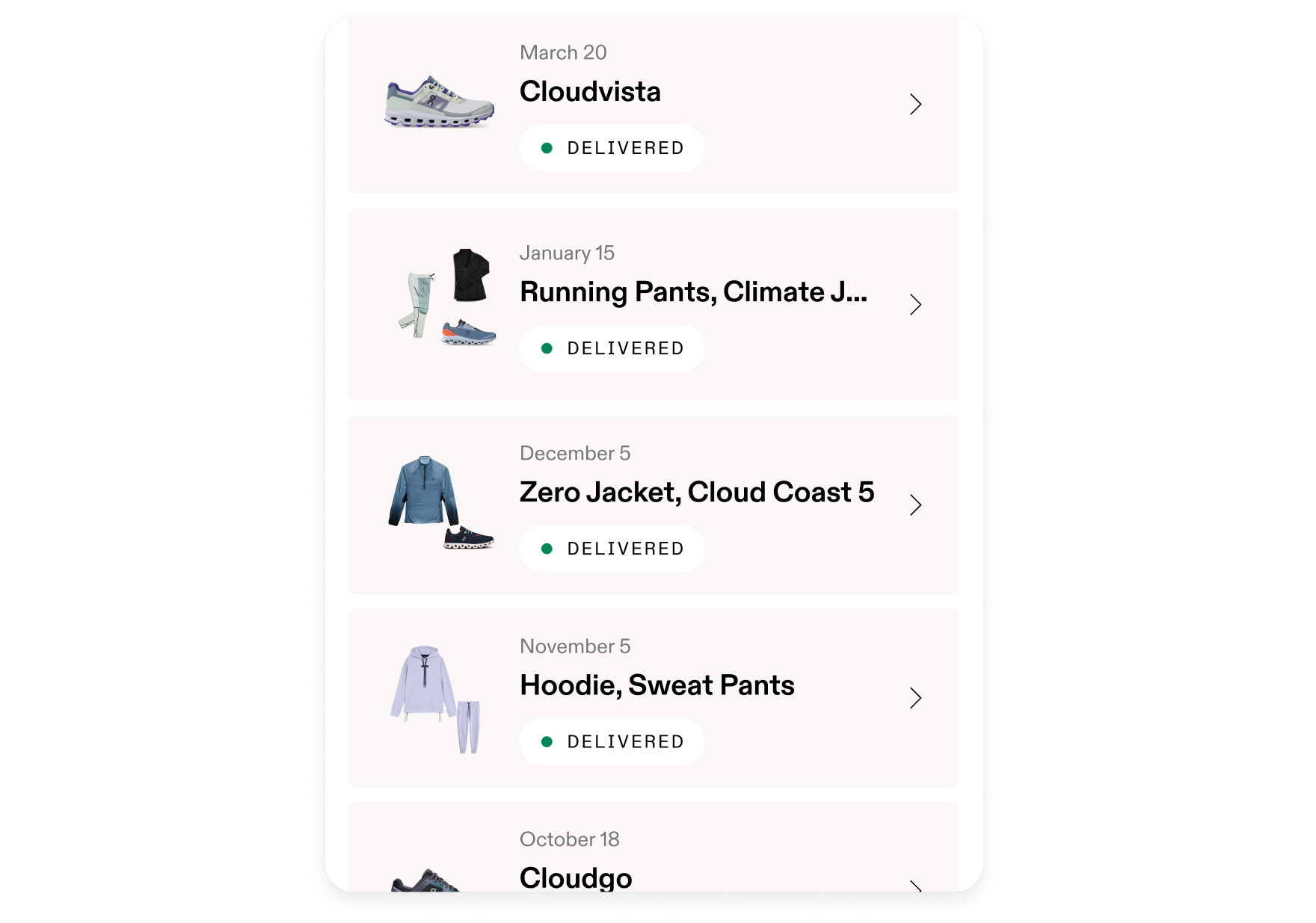 The On app showing an order history list