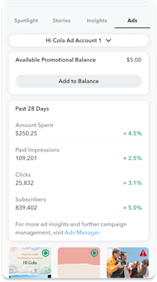 Dashboard showing your metrics data on your Snapchat post.