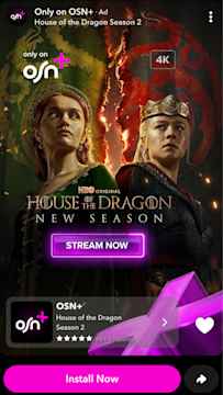 Snapchat ad promoting HBO Original series 'House of the Dragon' with a bright pink Install Now button at the bottom.