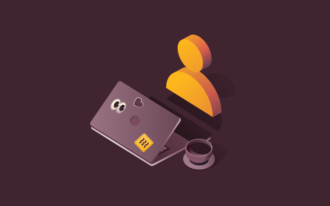 Abstract illustration of a person in front of a laptop with a mug