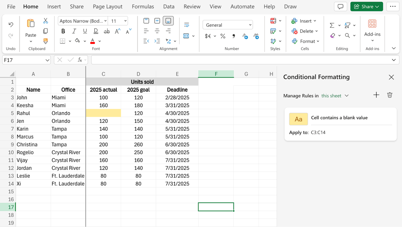 Example of conditional formatting in an Excel spreadsheet. 