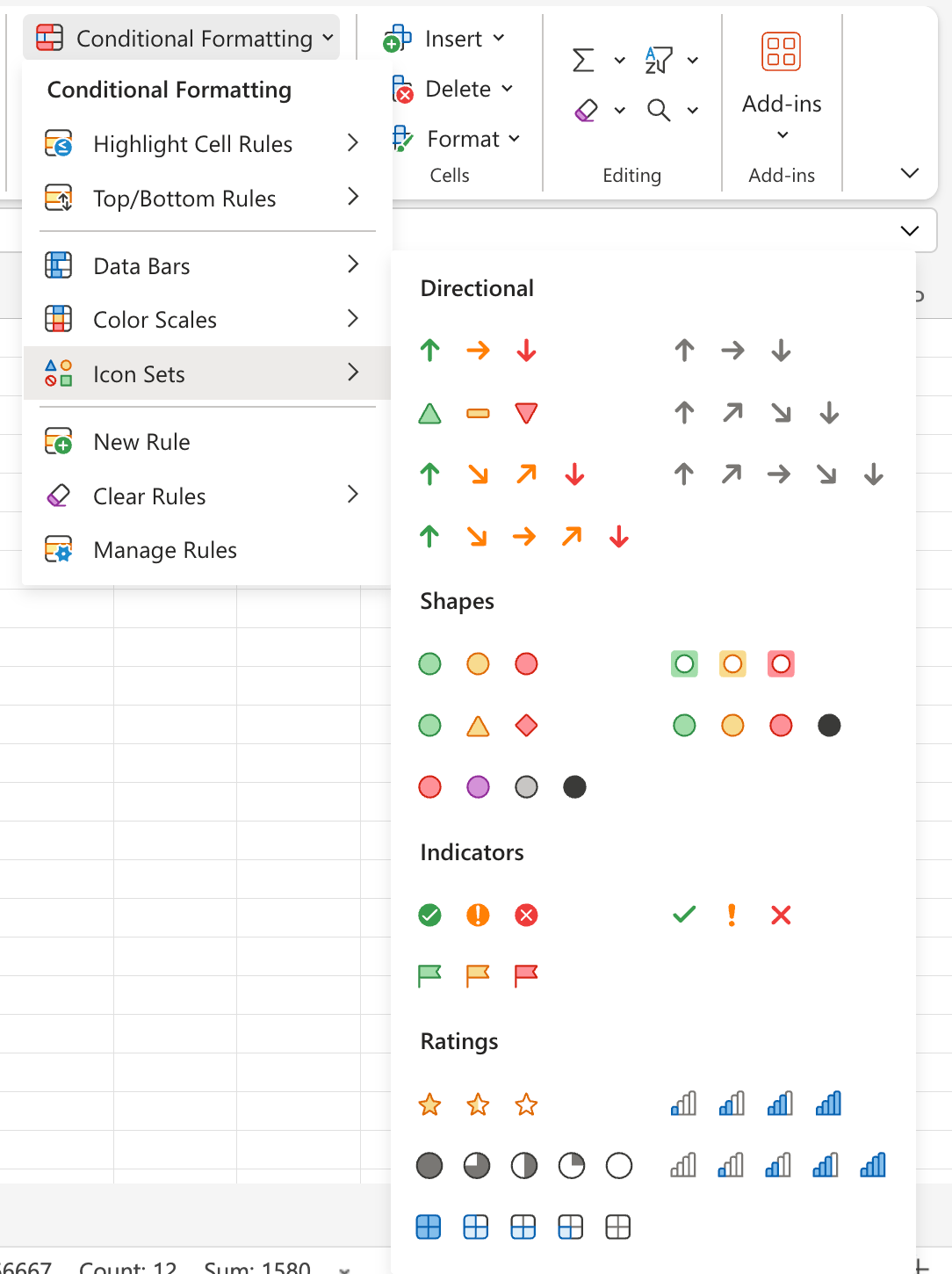Icon Sets dropdown in Excel. 
