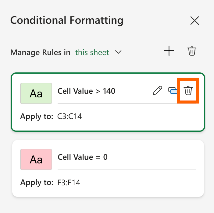 List of conditional formatting rules in Excel with the delete icon for one rule highlighted.