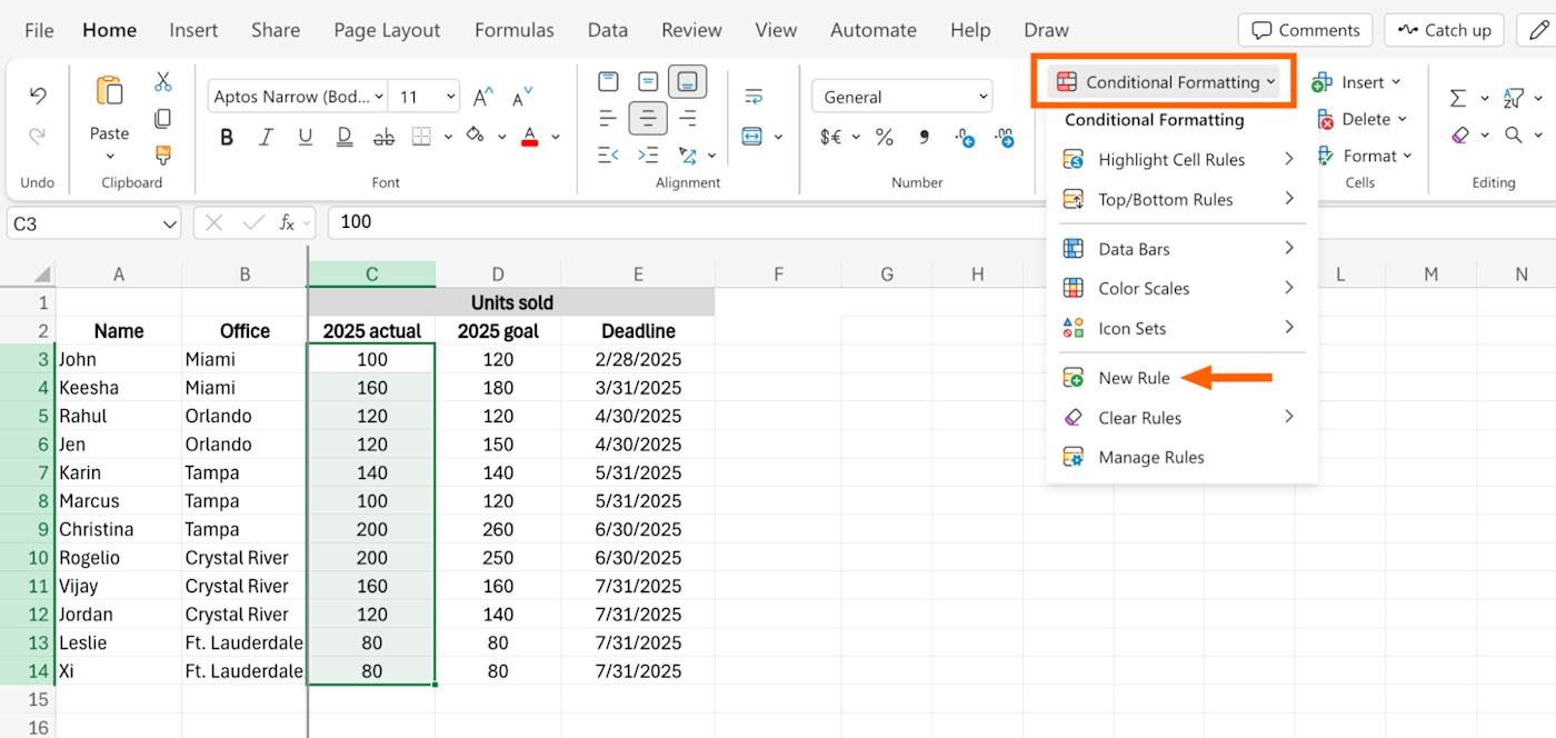 Conditional formatting dropdown in Excel with an arrow pointing to new rule. 