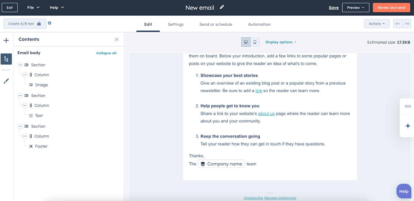 Screenshot of HubSpot email editing interface