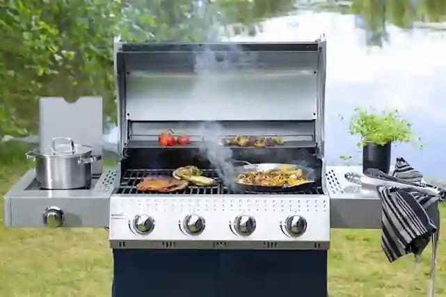 Kaasugrillillä paistumassa ruokaa. Taustalla järvimaisema.