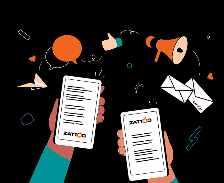 Illustration mit schwarzem Hintergrund: Zwei Hände halten Smartphones mit dem Zattoo-Logo, umgeben von Symbolen wie einer Sprechblase, einem Daumen-hoch, einem Megafon, Briefumschlägen und Herzen, die Kommunikation und Interaktion darstellen.