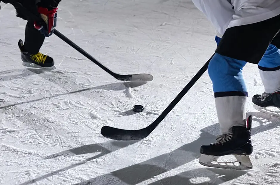 Eishockeyspieler mit dem Schiedsrichter auf dem Eis