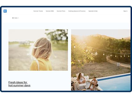Webseite mit Sommertrends, zeigt Bilder von einem Mädchen im Freien und einer Gruppe von Menschen am Pool. Überschrift lautet 'Fresh ideas for hot summer days'.