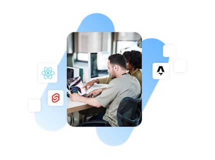 Ein Entwicklerteam arbeitet an Computern. Um das zentrale Bild sind Logos von React, Svelte und Astro angeordnet, die verschiedene Webentwicklungsframeworks symbolisieren.