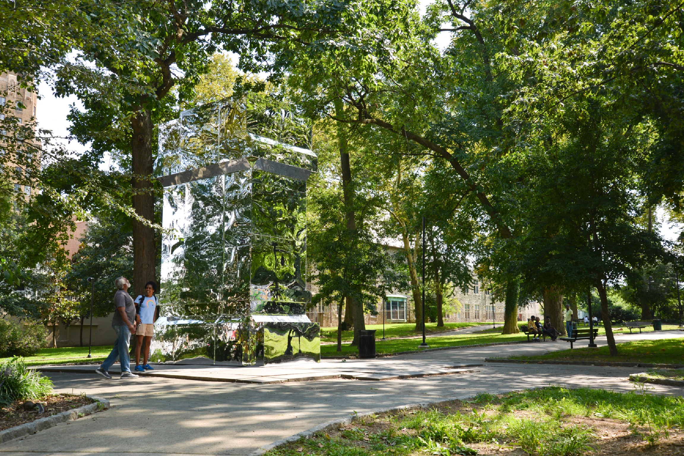 A 20-foot-high mirrored monument commemorates a Revolutionary War battle.