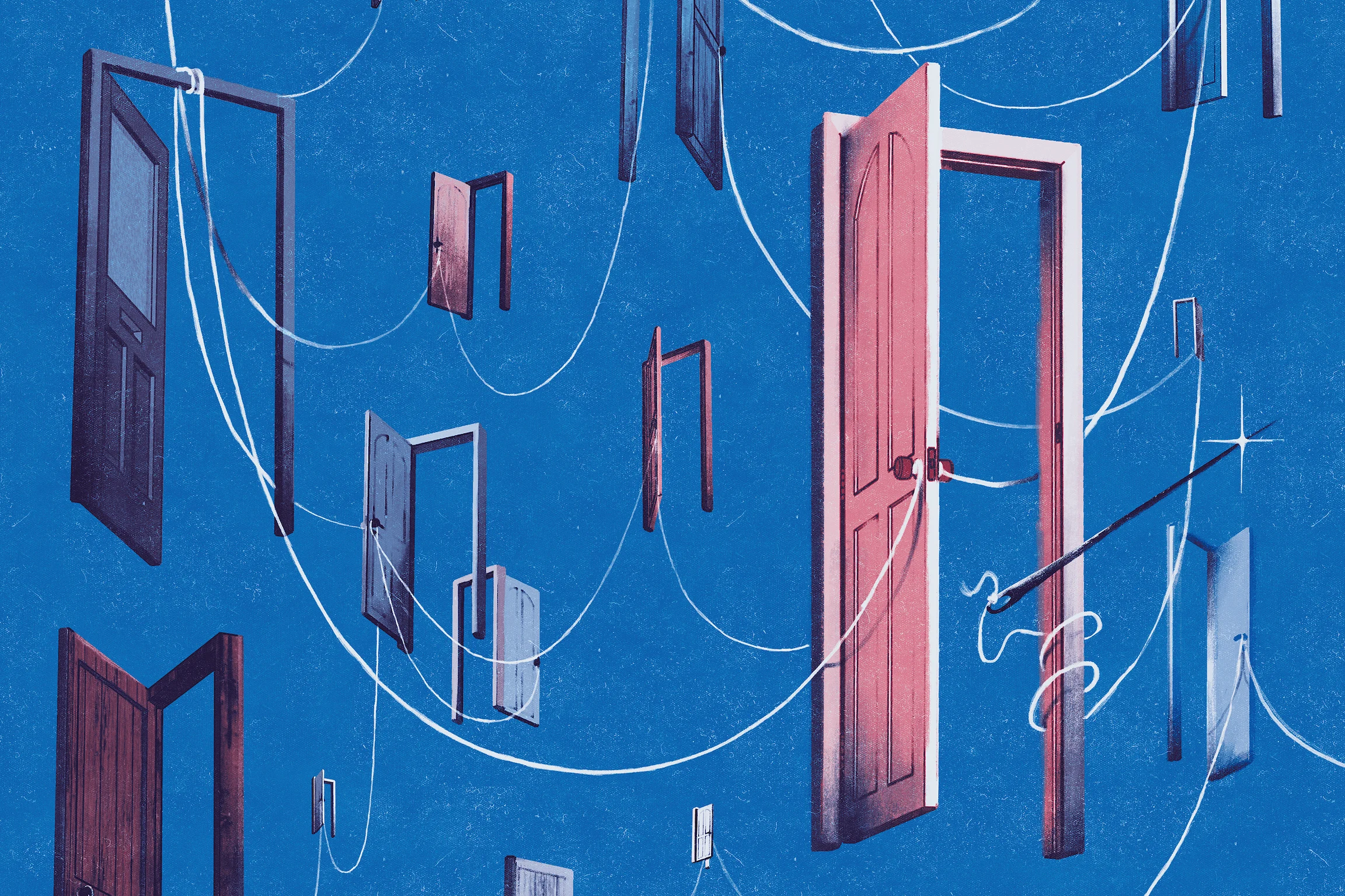 An abstract image of a series of 18 door frames with open doors float. A line evoking a string connects then doors, and is tied on door knobs, wrapped around door frames, and other features.