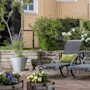 Two lounge chairs with green cushions on a wooden deck surrounded by potted plants and a beige house.