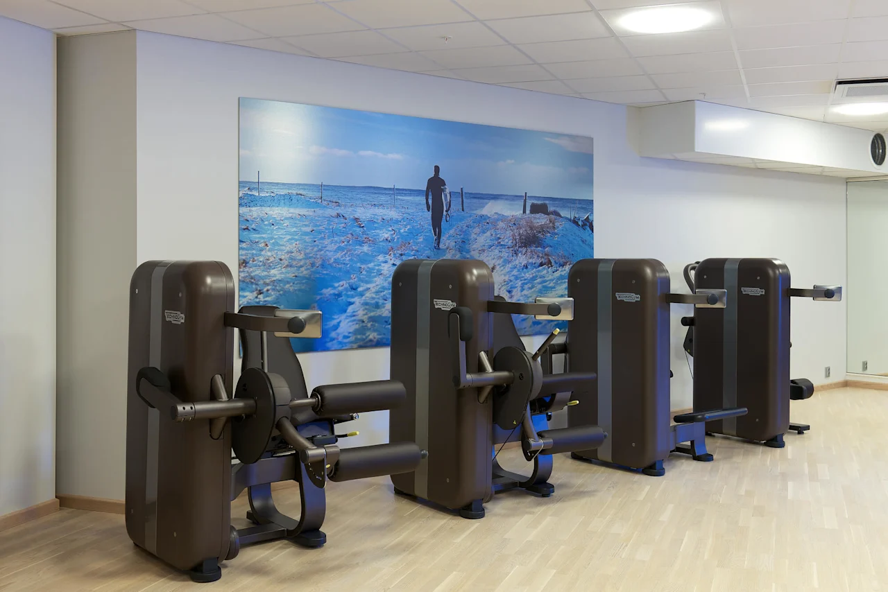 Träningsmaskiner står oanvända i ett gym med ljus trägolv. En stor väggmålning visar en person som går på en snötäckt stig mot ett staket och horisonten.