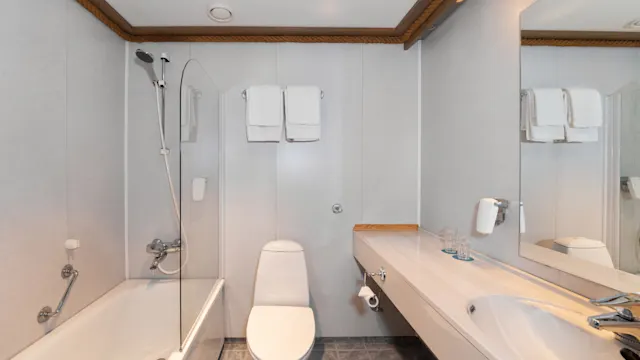Badekar med brusehoved ved siden af toilettet; vask med bordplade og spejl i nærheden. Håndklædestativ med hvide håndklæder ovenfor. Flisegulv og enkel indretning.