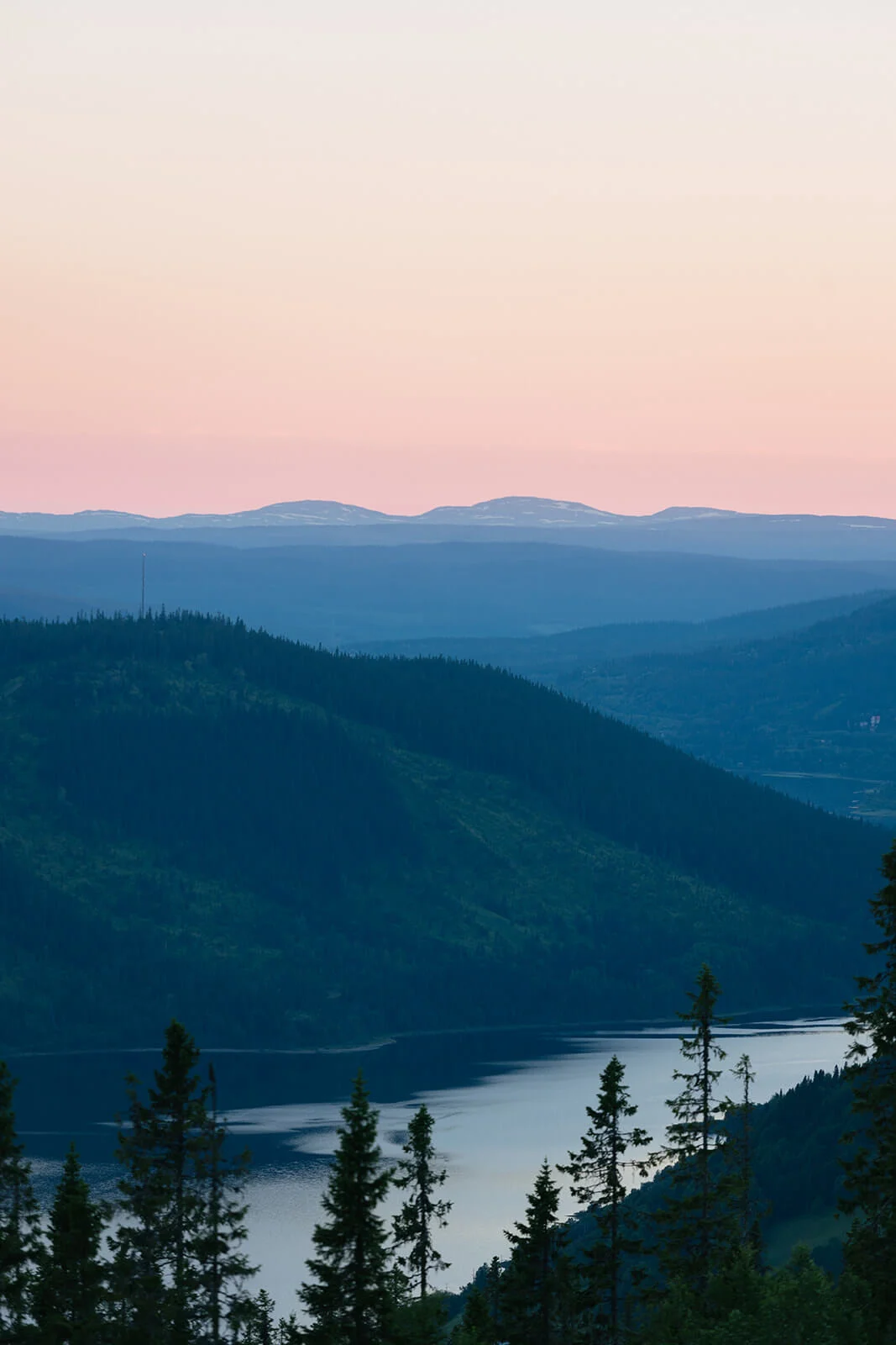 Fjell i lag ved solnedgang med en innsjø, silhuetter av bartrær i forgrunnen.