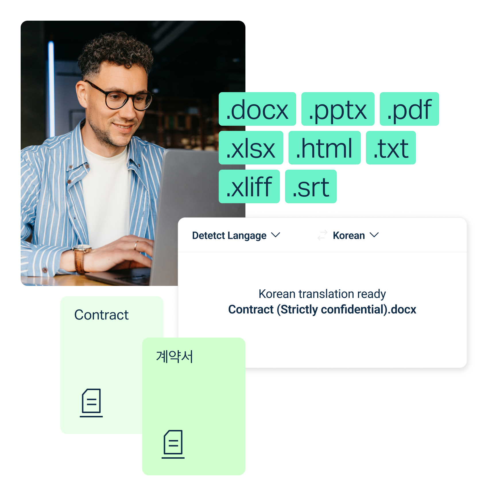 A person is sitting at a desk with a laptop. Various file format icons are displayed, including .docx, .pptx, .pdf, .xlsx, .html, .txt, .xliff, and .srt. A dropdown menu shows language options with "Detect Language" and "Korean" selected. Below, text indicates a Korean translation is ready for a document titled "Contract (Strictly confidential).docx." An additional text box labeled "Contract" with Korean characters is also visible.