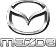 Logo společnosti Mazda se stylizovaným stříbrným emblémem nad tučně a stříbrně vyvedeným názvem společnosti.